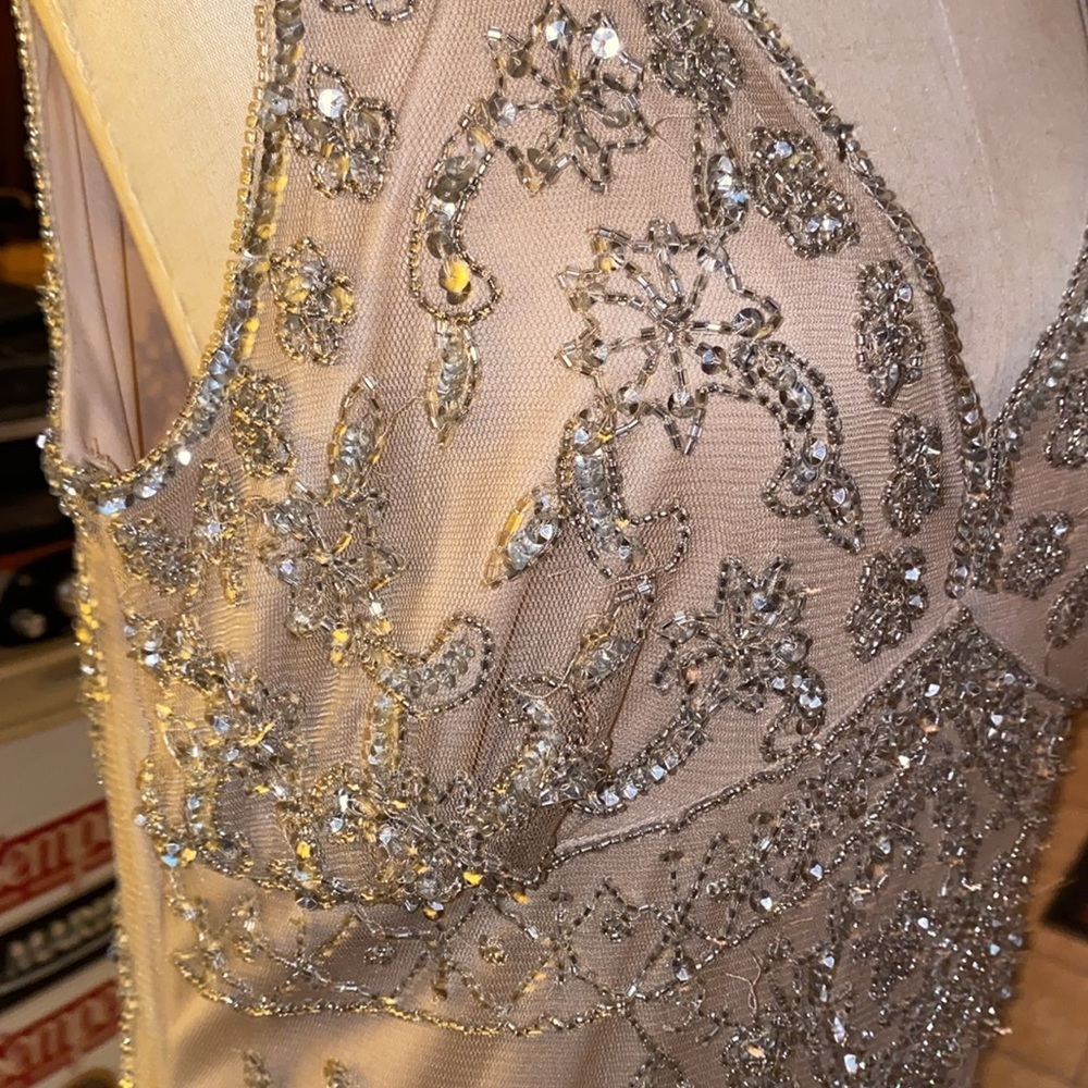 Pisarro Nights Beaded Mesh Column silver and gold beading Gown Womens Size 14 - Picture 3 of 11